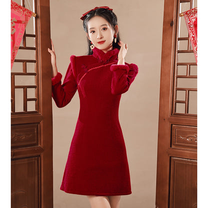 Red Winter Short Qipao Jacket | Fleece-Lined Thickened New Year Dress