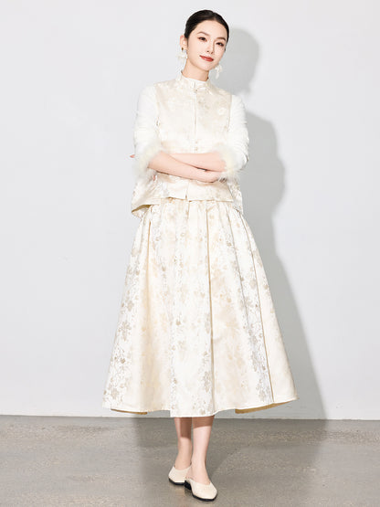 Elegant Jacquard Sleeveless Vest & A-Line Skirt Two-Piece Set