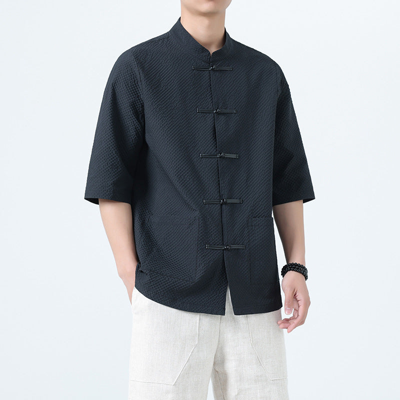 Mens Chinese Cotton Linen Shirt Retro Stand Collar Tang Suit Top