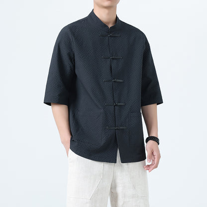 Mens Chinese Cotton Linen Shirt Retro Stand Collar Tang Suit Top