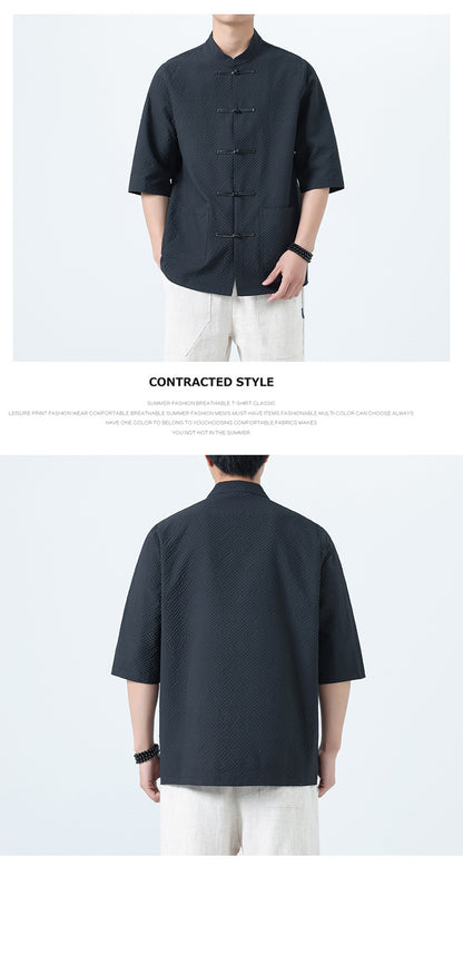 Mens Chinese Cotton Linen Shirt Retro Stand Collar Tang Suit Top