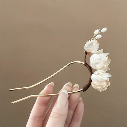 U Hairpin Glass White Magnolia Chinese Style Forest Fairy Cheongsam Accessory