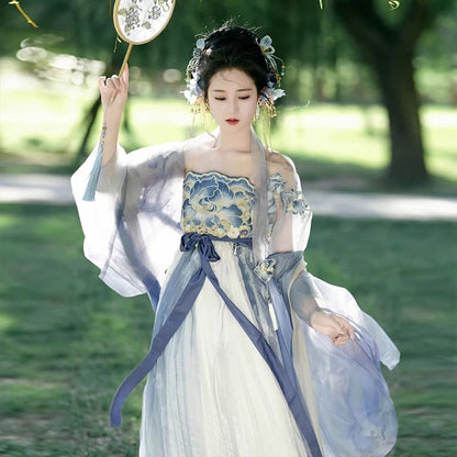 Fairy Hanfu Costume — Hibiscus Embroidered Shirt & Flowing Skirt Outfit