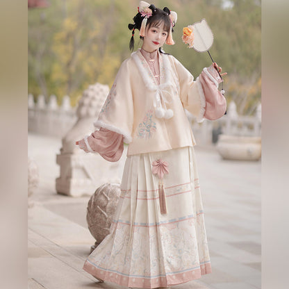 Trees of Sea Women Ming Hanfu Set: Embroidered Stand Collar Jacket & Horse Face Skirt New Year