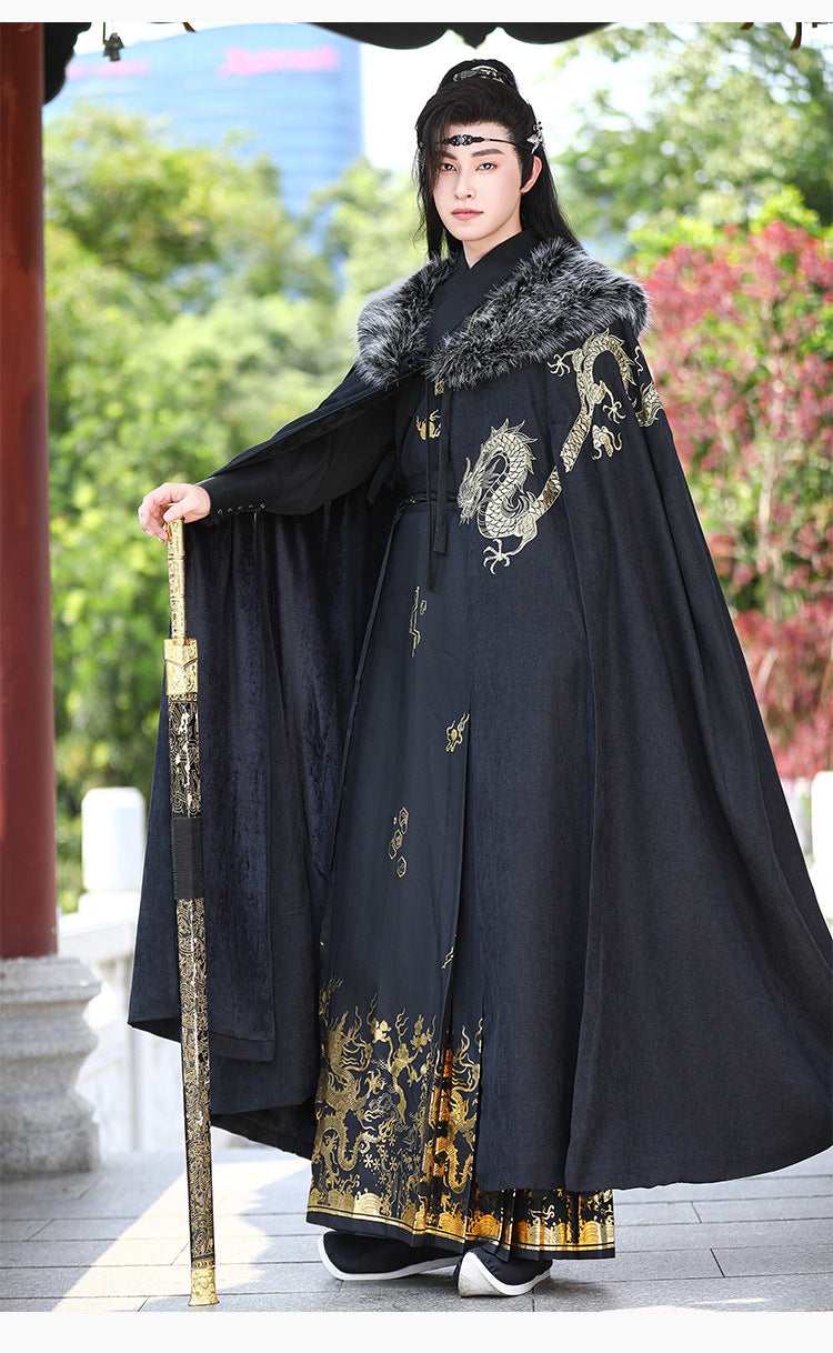 Men's Fleece-Lined Fur Collar Cloak New Chinese Style Winter Hanfu