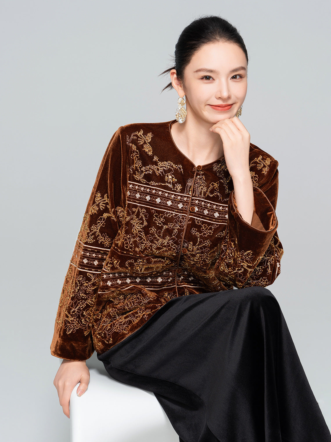 High-End Vintage Velvet Beaded Jacket New Chinese Style Women