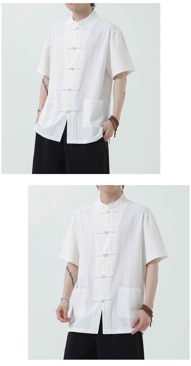 Chinese Style Mens Cotton Linen Shirt Half Sleeve Button Up Casual Top