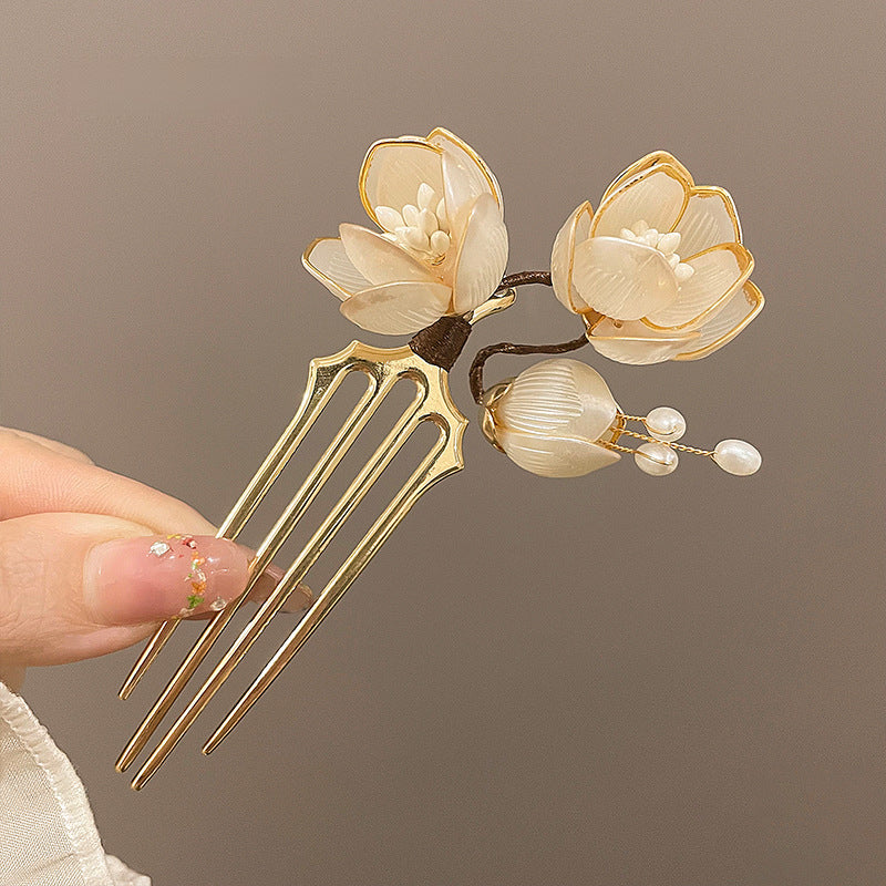 U Hairpin Glass White Magnolia Chinese Style Forest Fairy Cheongsam Accessory