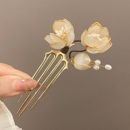 U Hairpin Glass White Magnolia Chinese Style Forest Fairy Cheongsam Accessory