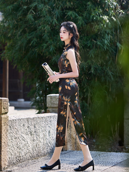 Black Sleeveless Cheongsam – Old Shanghai Printed Slim Dress