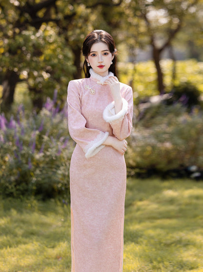 2025 New Pink Chinese Style Qipao | Warm Elegant Thickened Winter Dress