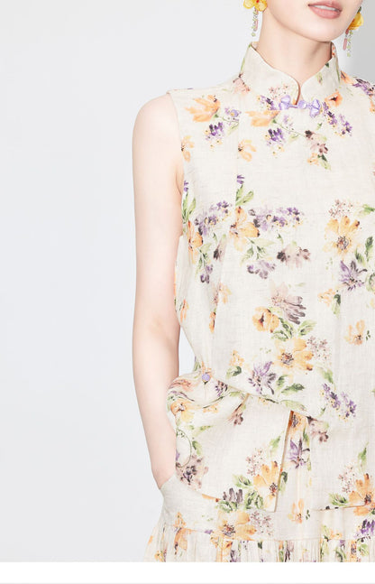 High-End Linen Sleeveless Button Top & Slimming Skirt for Women