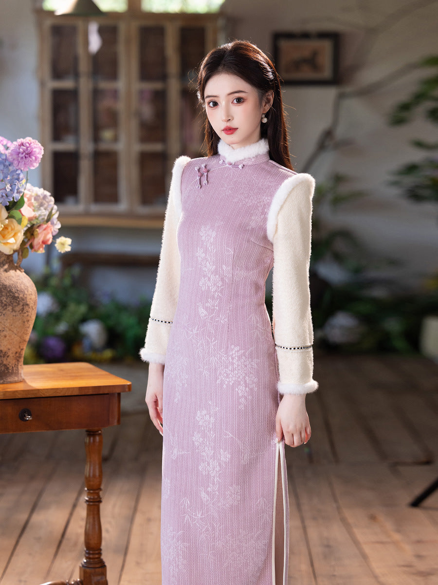 Thick Flared Sleeve Long Cheongsam | Youth New Chinese Style Winter Dress