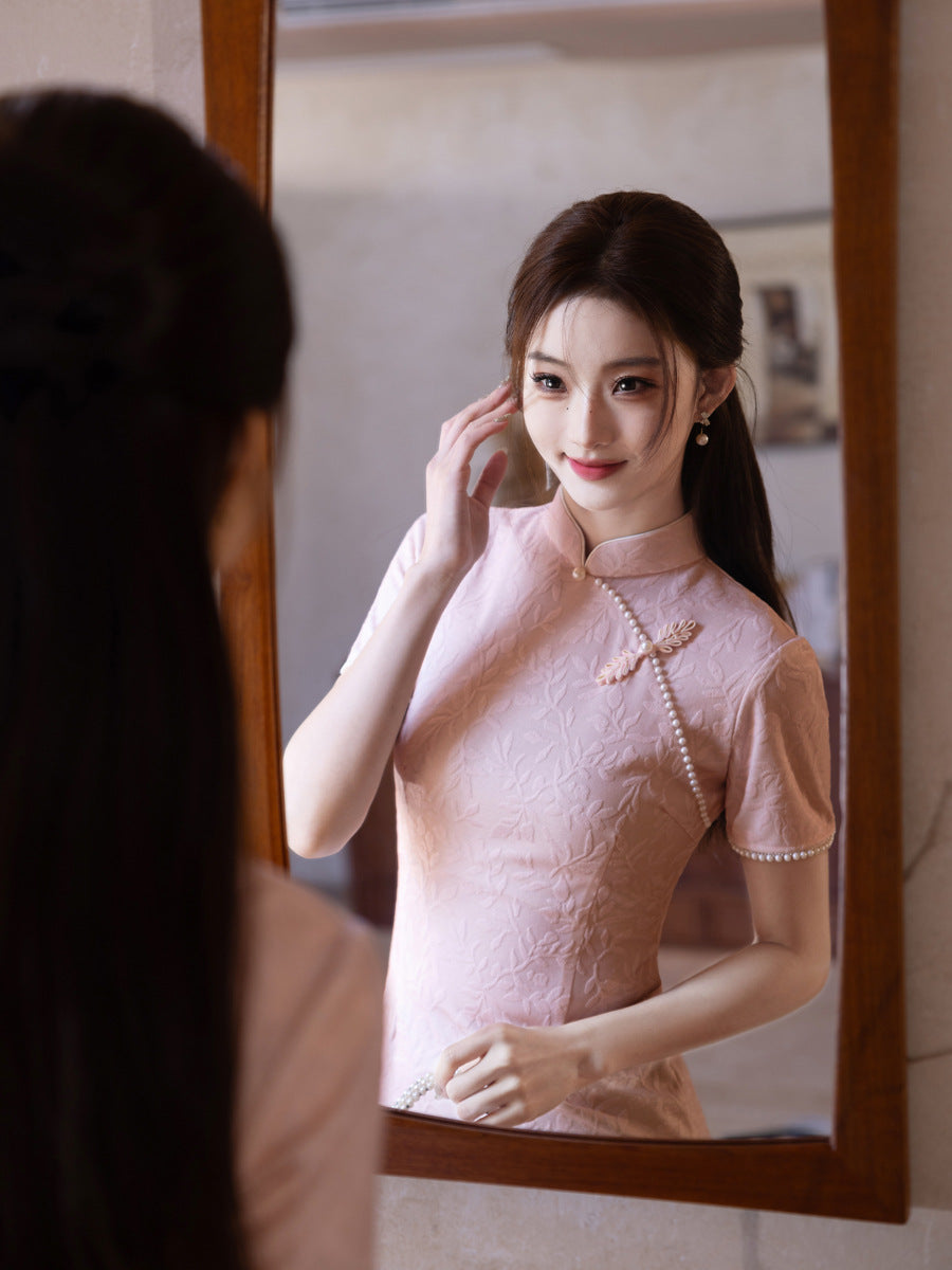 Retro Lace Qipao – Pink Elegant New Chinese Style Dress