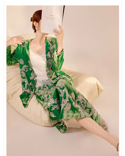 2025 Spring New Chinese Beaded Embroidered Silk Cardigan & Skirt Set