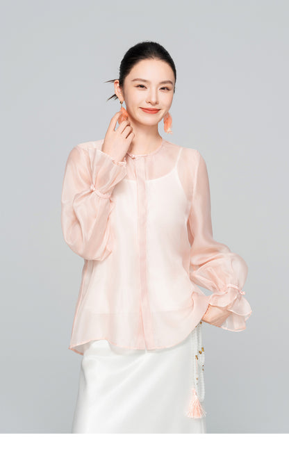 High-End Flared Sleeve Round Neck Women's Shirt