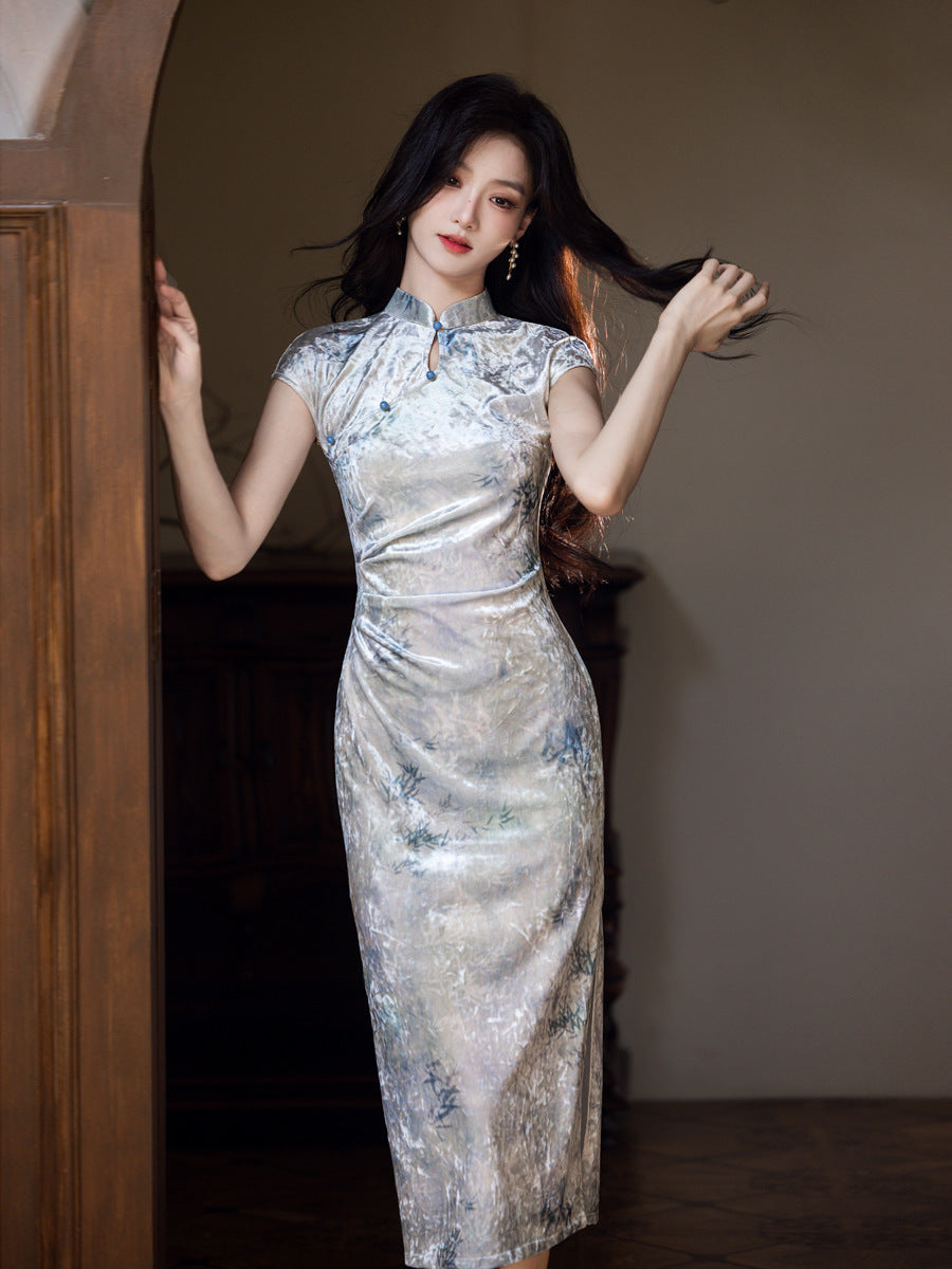 Improved Chinese Style Qipao – Everyday Wear Pink Velvet Dress