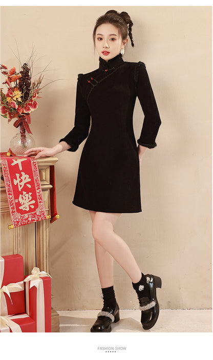 Red Winter Short Qipao Jacket | Fleece-Lined Thickened New Year Dress