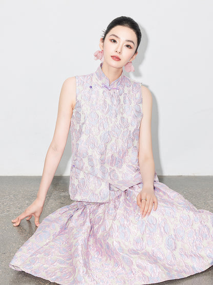 Brocade Jacquard Heavy Craft Puff Skirt & Vest Set for Autumn