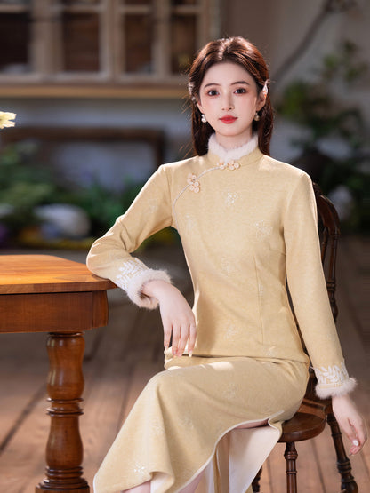 Yellow Fleece-Lined Qipao | Winter Thickened Long Sleeve New Chinese Style 2025