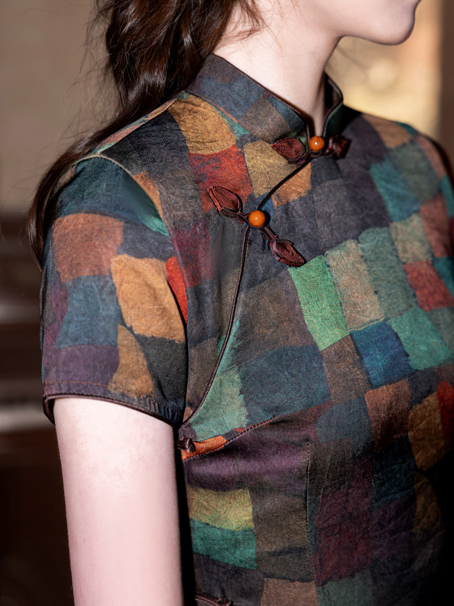 High-End Summer Cheongsam – Plaid Short Sleeve Elegant Dress