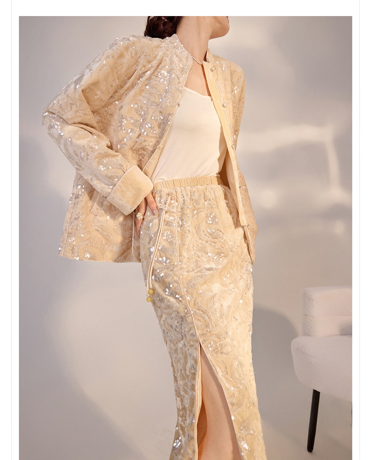 New Chinese Satin Floral Sequin Button Light Luxury Loose Coat