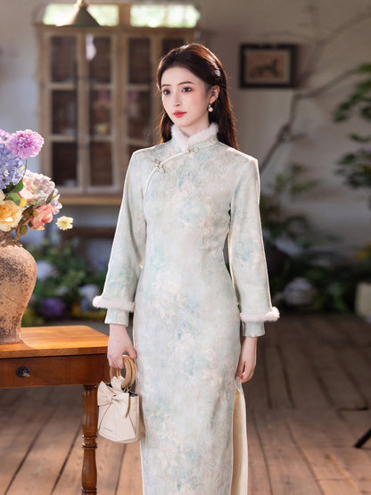 Elegant Satin Beaded Winter Qipao | Fleece-Lined Thickened Long Dress