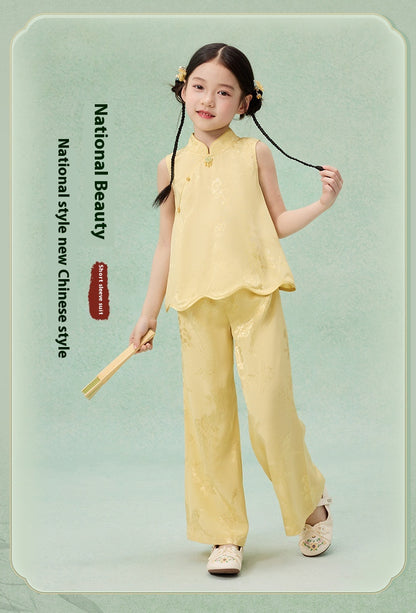 National Style Hanfu-Inspired Summer Set — Top & Pants for Children