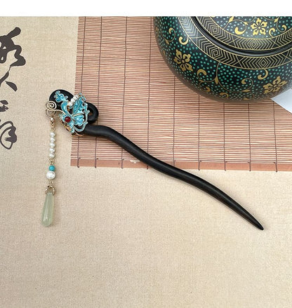 Ancient Style Imitation Jade Burnt Blue Butterfly Double Sided Hairpin