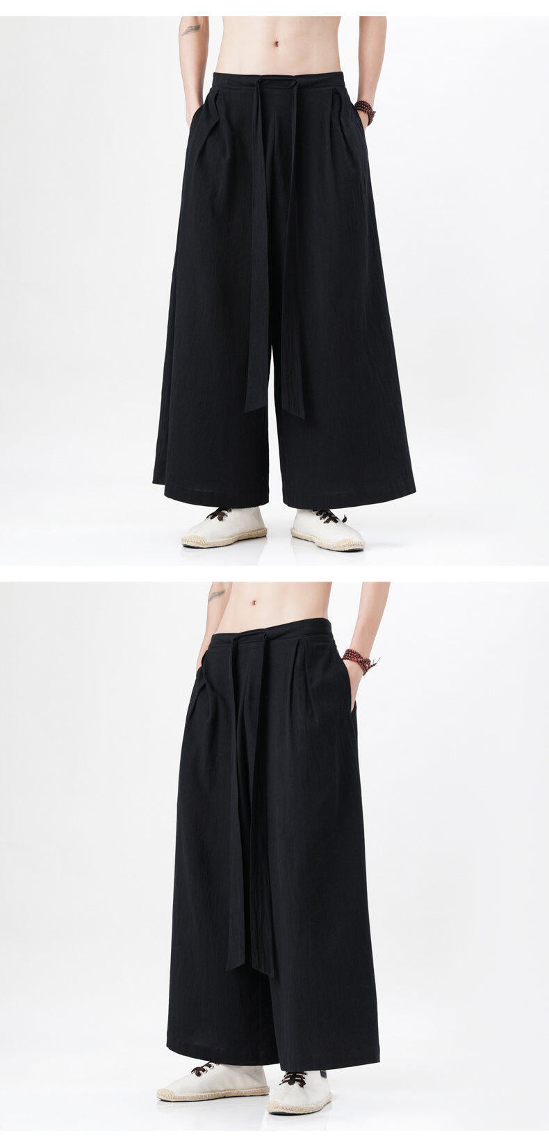 Mens Chinese Style Hanfu Linen Nine Point Retro Wide Leg Pants