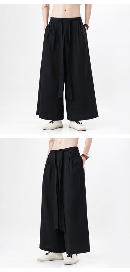 Mens Chinese Style Hanfu Linen Nine Point Retro Wide Leg Pants