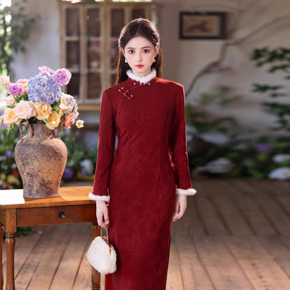 2025 New Red Velvet Cheongsam | Daily & Engagement Warm Dress