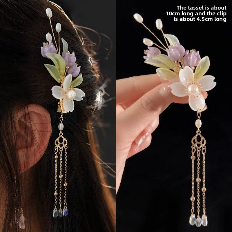 Orchid tassel headdress with side clips and new Chinese flower hairpins