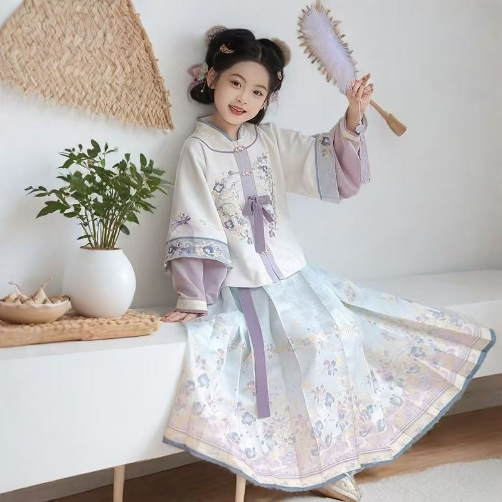 Girls’ Spring Autumn Hanfu | Ancient Style Ming Dynasty Horse Face Dress Set