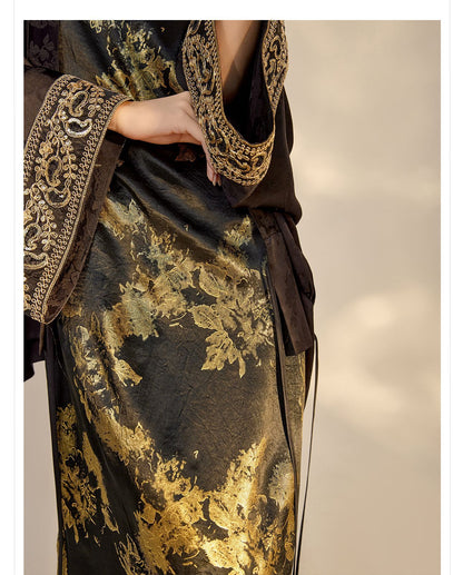 Summer New Chinese Printed Rayon Shirt & Strap Dress Set