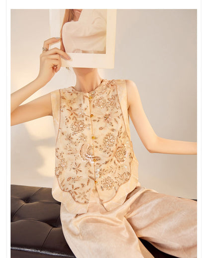 National Style2025Summer New Beaded Embroidery New Chinese Style Sequin Mermaid Skirt Vest Pants Set