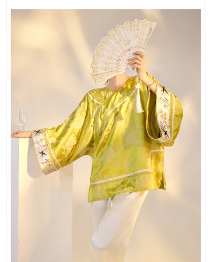 Elegant Yellow Jacquard Rayon Shirt New Chinese Style Top 2026