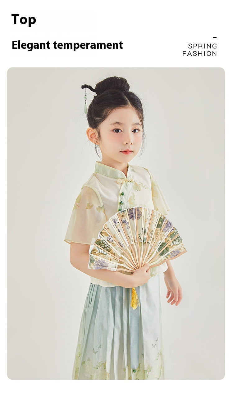 New Chinese Style Girls Outfit — Short Sleeve Shirt & Pleated Skirt