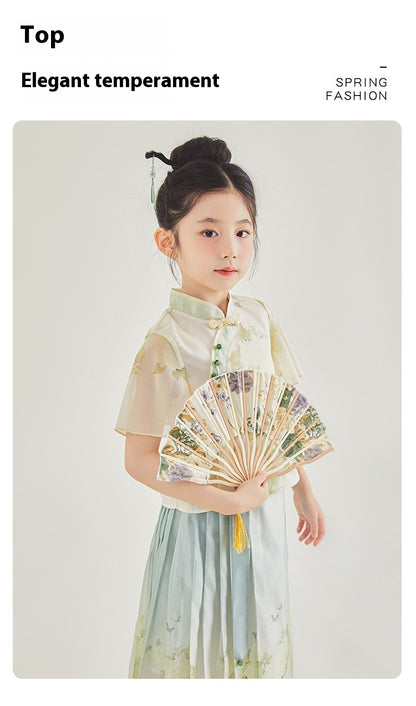 New Chinese Style Girls Outfit — Short Sleeve Shirt & Pleated Skirt
