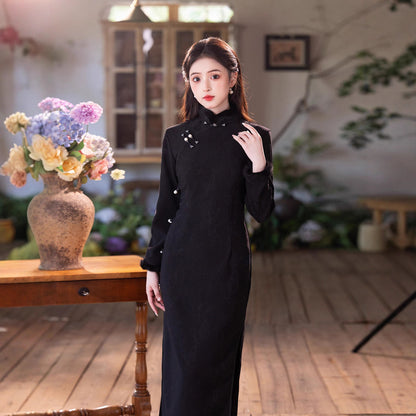 2025 New Black Thickened Cheongsam | Elegant Daily Warm Winter Dress