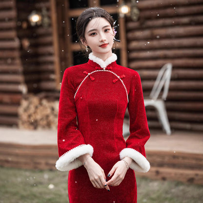2025 New Improved Qipao – Warm Red High-End Autumn Winter Style