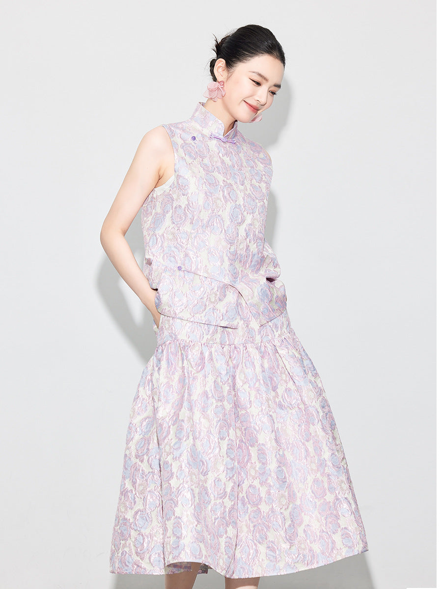 Brocade Jacquard Heavy Craft Puff Skirt & Vest Set for Autumn