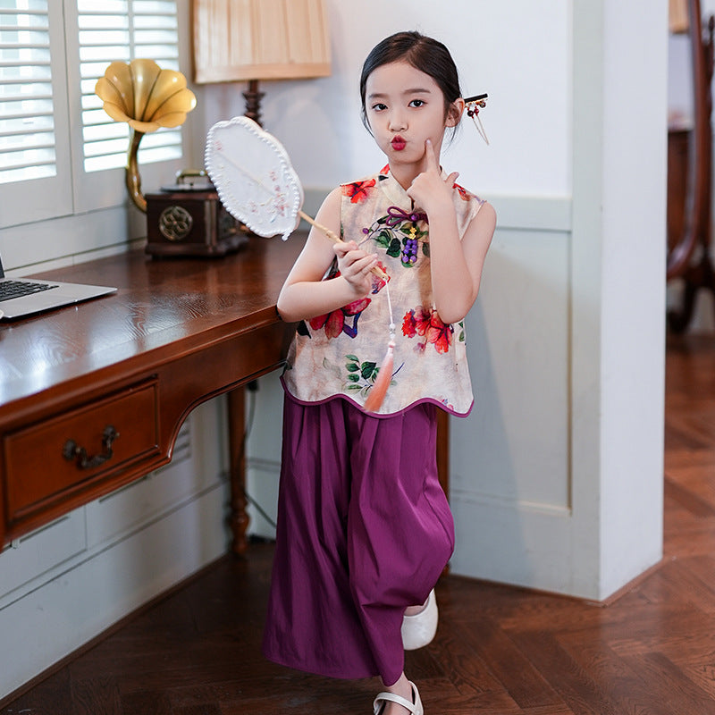 Retro Republic Style Girls Two-Piece — Improved Shirt & Pants Set