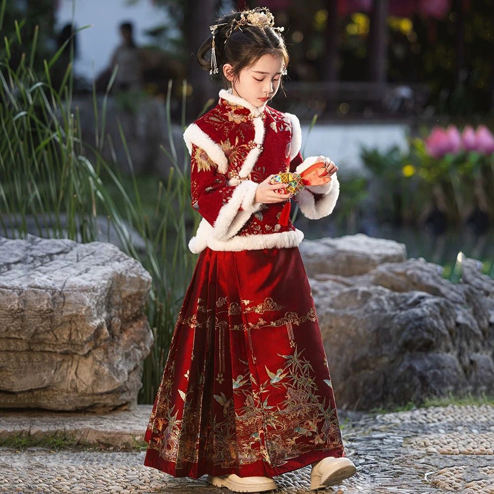 Girls’ Winter Hanfu | 2025 New Year Thickened Horse Face Skirt Outfit