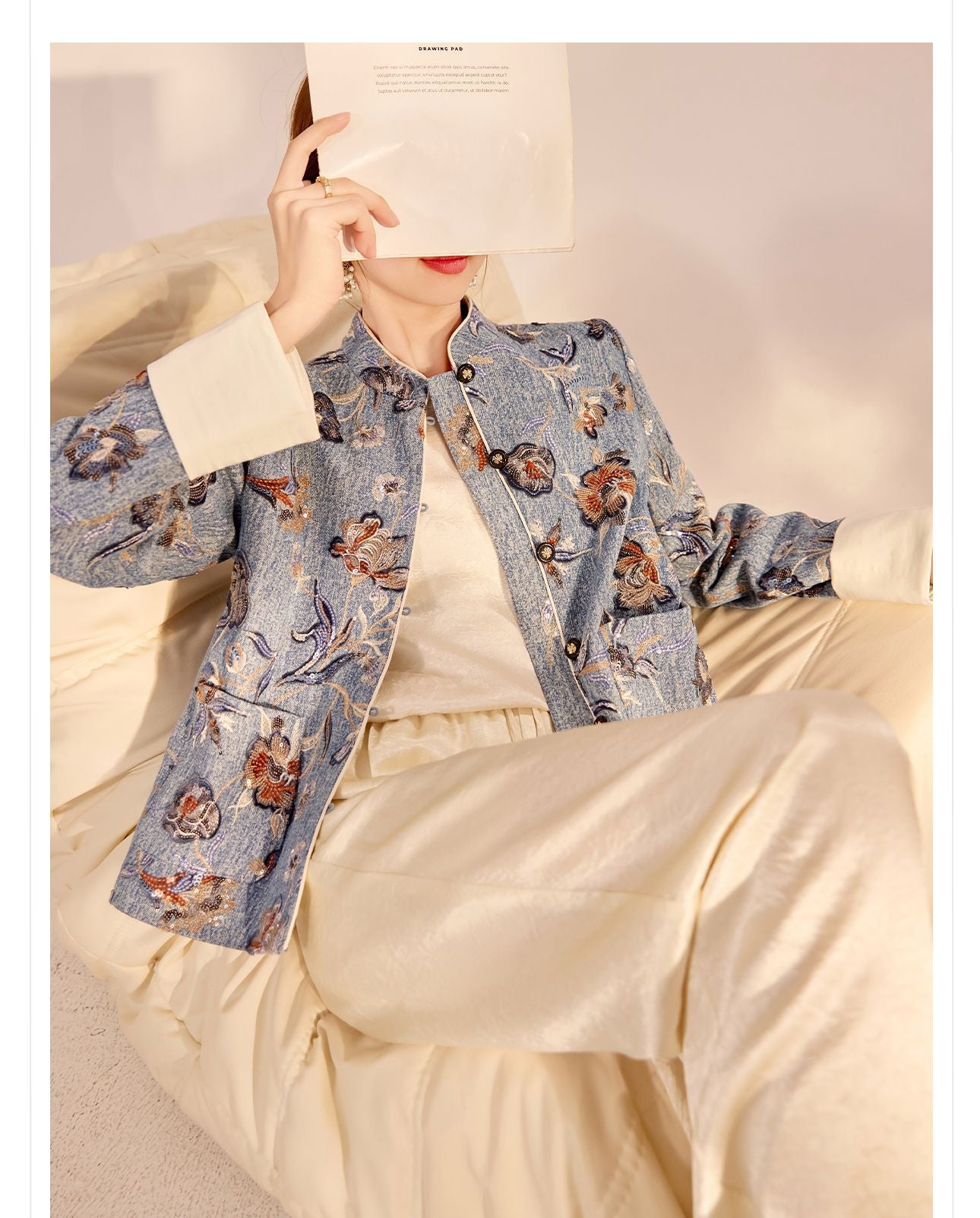 New Chinese Style Denim Jacket | Sequin Embroidery Elegant National Top