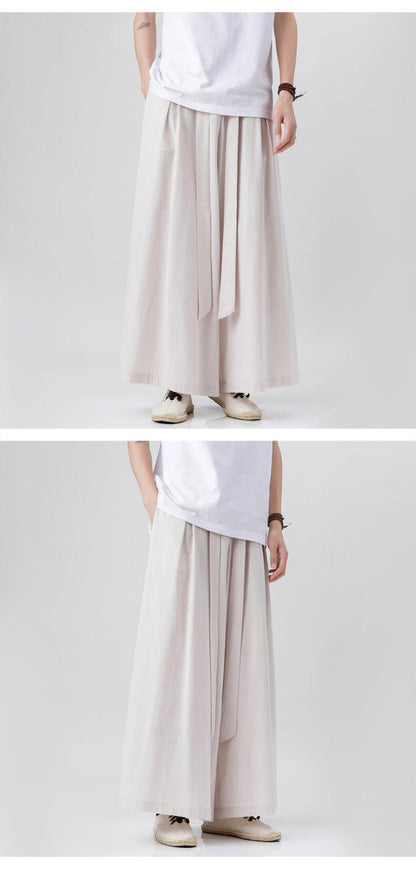 Mens Chinese Style Hanfu Linen Nine Point Retro Wide Leg Pants