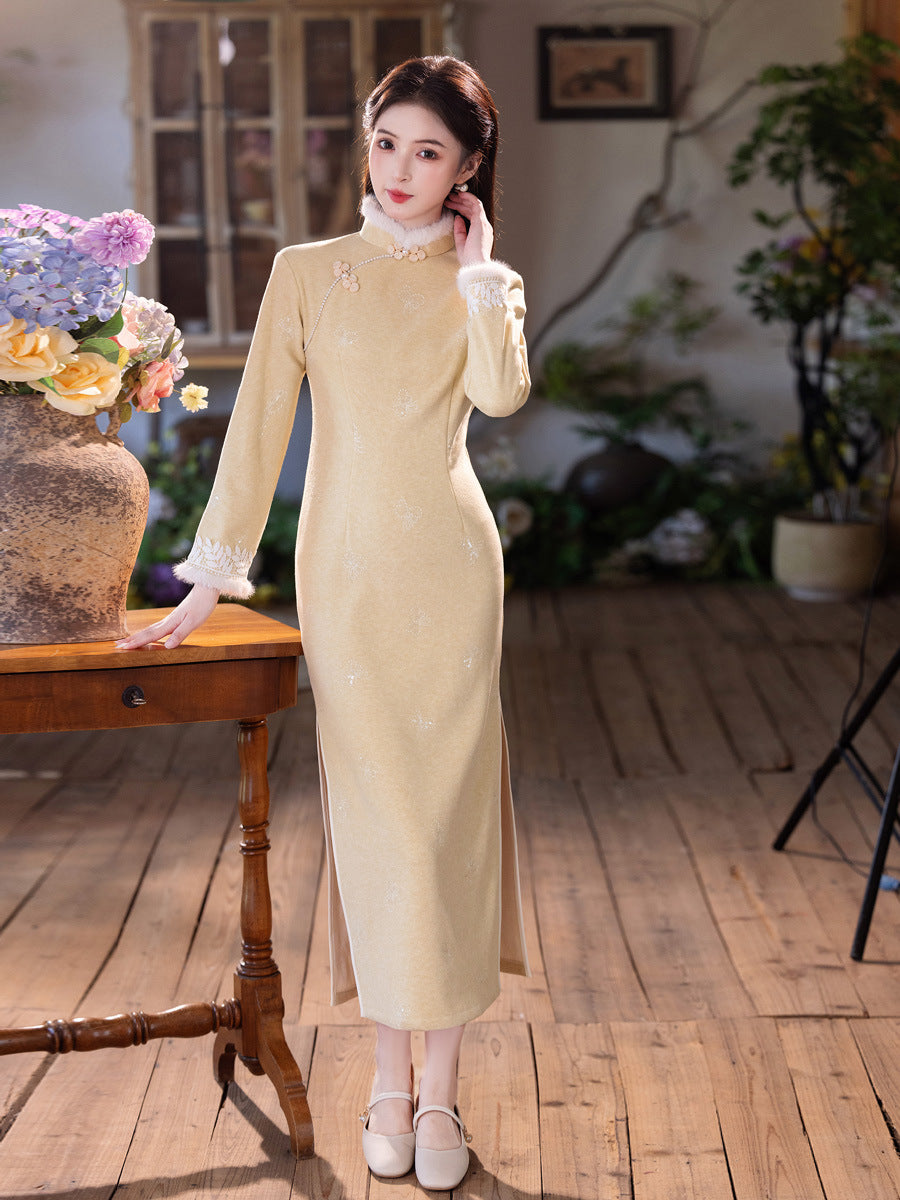 Yellow Fleece-Lined Qipao | Winter Thickened Long Sleeve New Chinese Style 2025