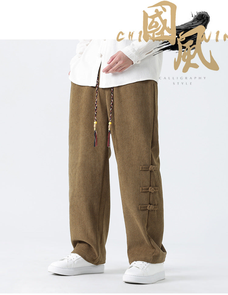 Chinese Style Mens Button Corduroy Pants Large Size Casual Sweatpants