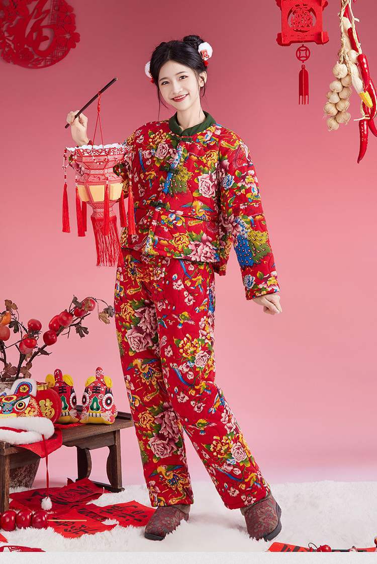 Northeast Floral Winter Jacket Women Thick Ethnic Cotton Coat Set