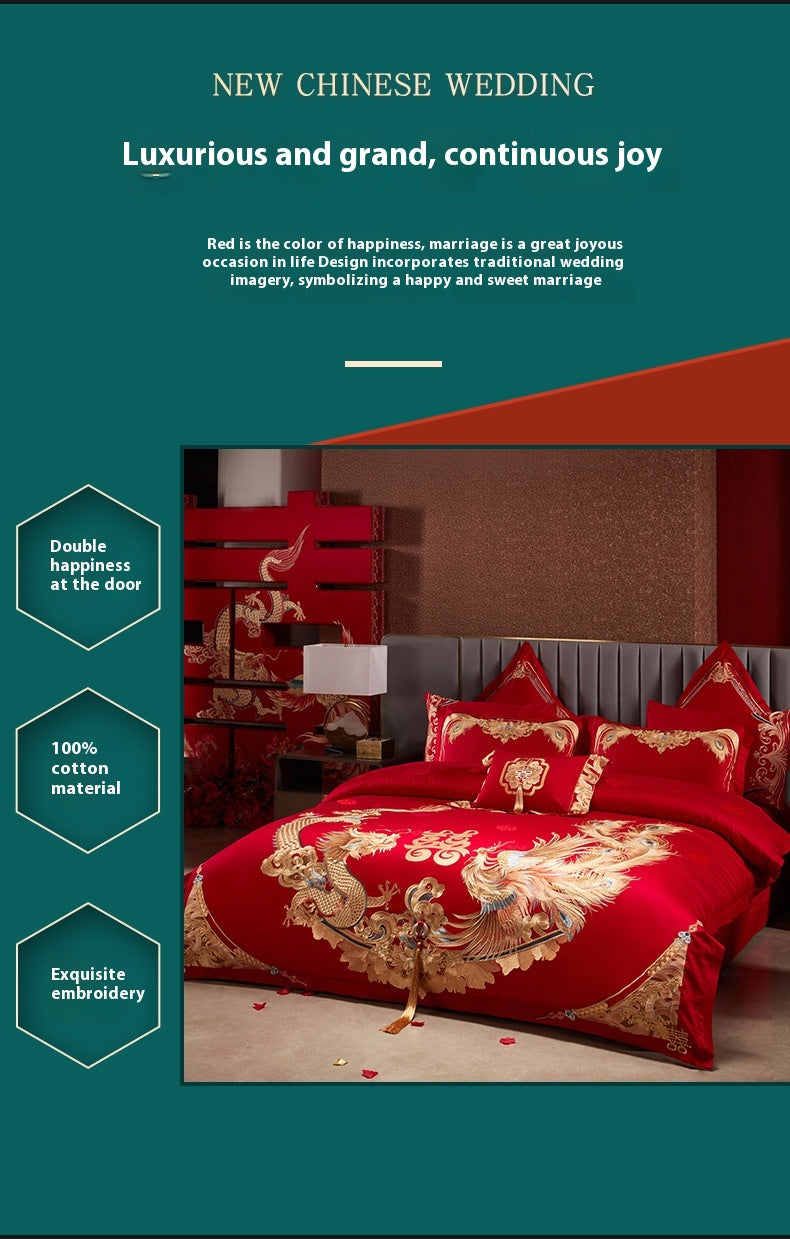 Luxury Red Cotton Wedding Bedding 4-Piece Embroidered Set